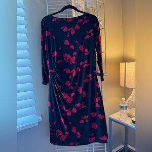 Size 16 long sleeve dress black with red leaf design has silky feel.Worn once